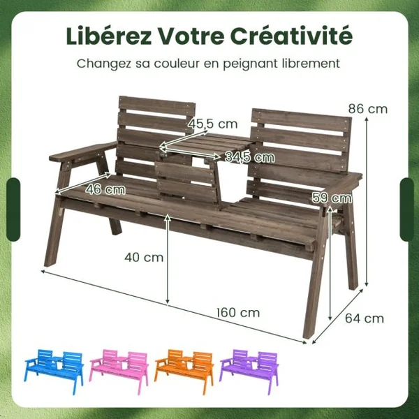 Banc d'Extérieur en Bois de Sapin avec Table Centrale Pliable Banc de Jardin pour 2-3 Personnes avec Dossier et Accoudoirs Capacité de 320 kg Café