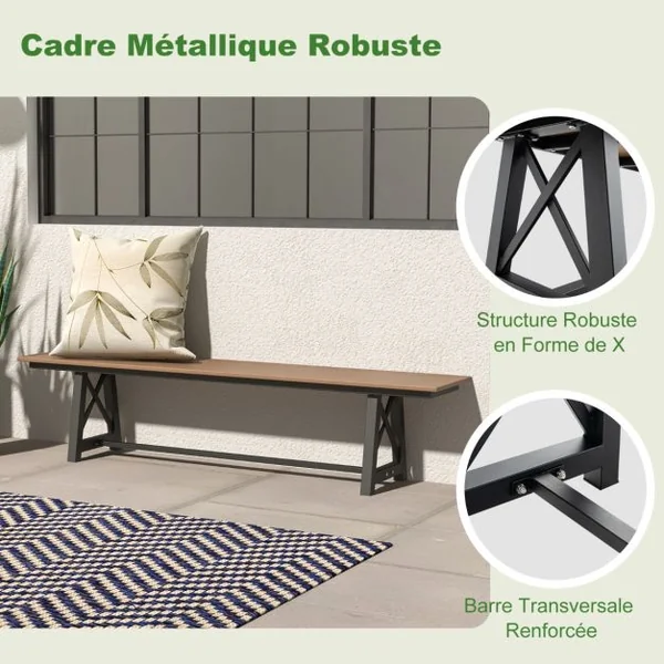 Banc d'Extérieur en HDPE pour 3 à 4 Personnes Cadre en Métal Banc de Patio Sans Dossier de 183 cm Capacité de 500 Kg Marron