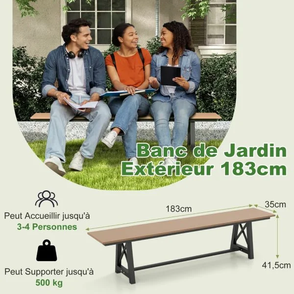 Banc d'Extérieur en HDPE pour 3 à 4 Personnes Cadre en Métal Banc de Patio Sans Dossier de 183 cm Capacité de 500 Kg Marron