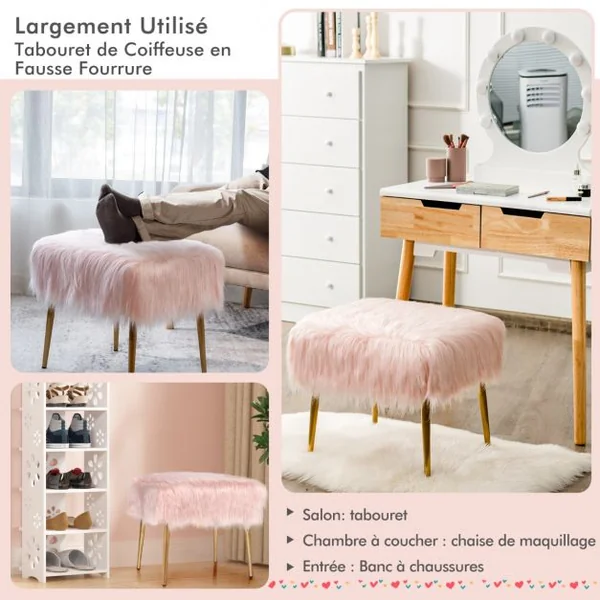 Banc en Fourrure Synthétique Pieds en Métal Doré Bout de Lit 51 x 41 x 45,5 cm (L x l x H) Rose