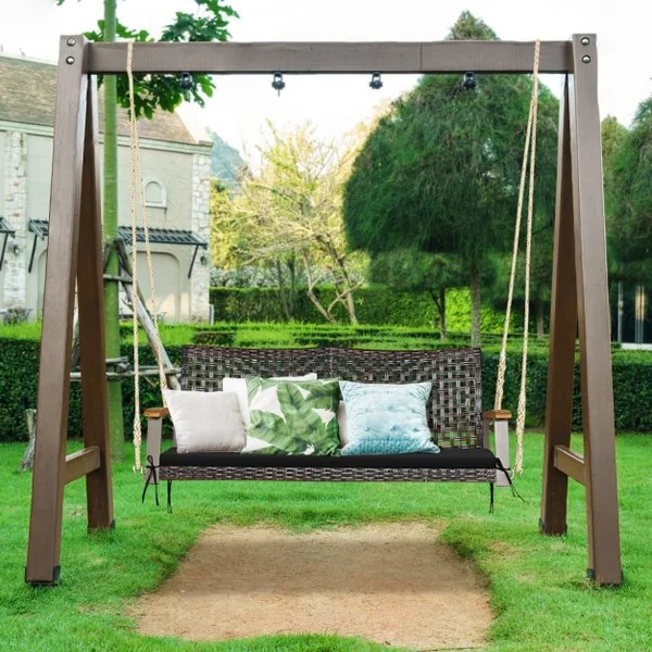 Banc Suspendu de Jardin en Rotin 2 Place Accoudoirs en Bois d'Acacia Cadre en Métal Coussin Cordes Crochets Blanc/Noir