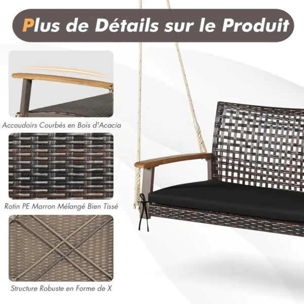 Banc Suspendu de Jardin en Rotin 2 Place Accoudoirs en Bois d'Acacia Cadre en Métal Coussin Cordes Crochets Blanc/Noir