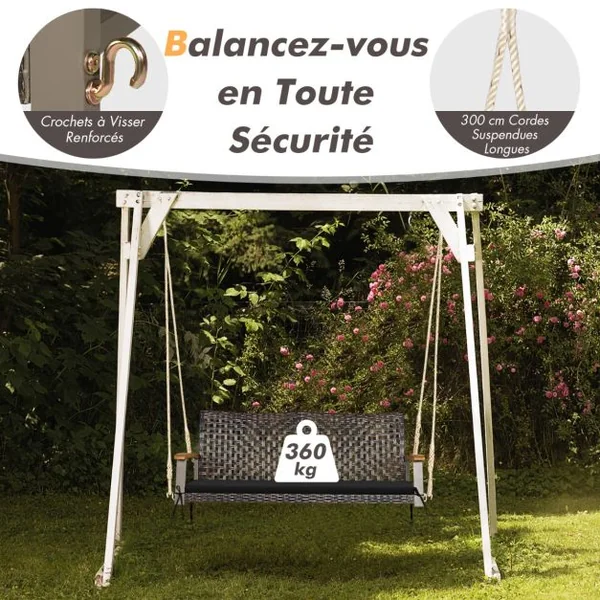 Banc Suspendu de Jardin en Rotin 2 Place Accoudoirs en Bois d'Acacia Cadre en Métal Coussin Cordes Crochets Blanc/Noir
