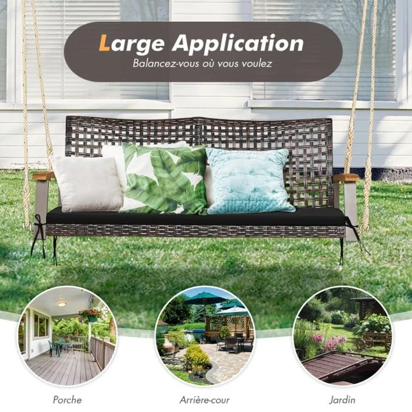 Banc Suspendu de Jardin en Rotin 2 Place Accoudoirs en Bois d'Acacia Cadre en Métal Coussin Cordes Crochets Blanc/Noir