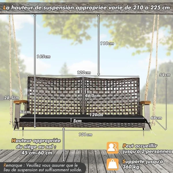 Banc Suspendu de Jardin en Rotin 2 Place Accoudoirs en Bois d'Acacia Cadre en Métal Coussin Cordes Crochets Blanc/Noir