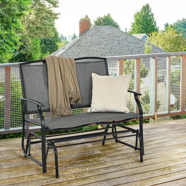 Banc à Bascule de Jardin 2 Places Charge 180kg Chaise/Fauteuil à Bascule d'Extérieur avec Coussinets Antidérapants Gris