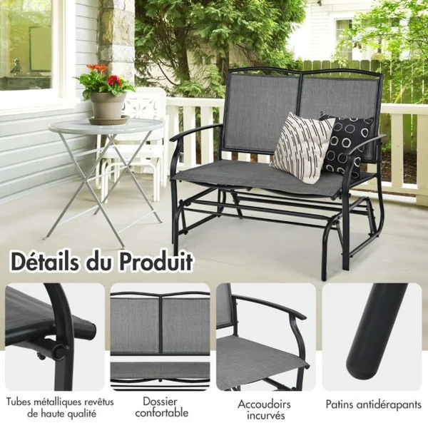 Banc à Bascule de Jardin 2 Places Charge 180kg Chaise/Fauteuil à Bascule d'Extérieur avec Coussinets Antidérapants Gris