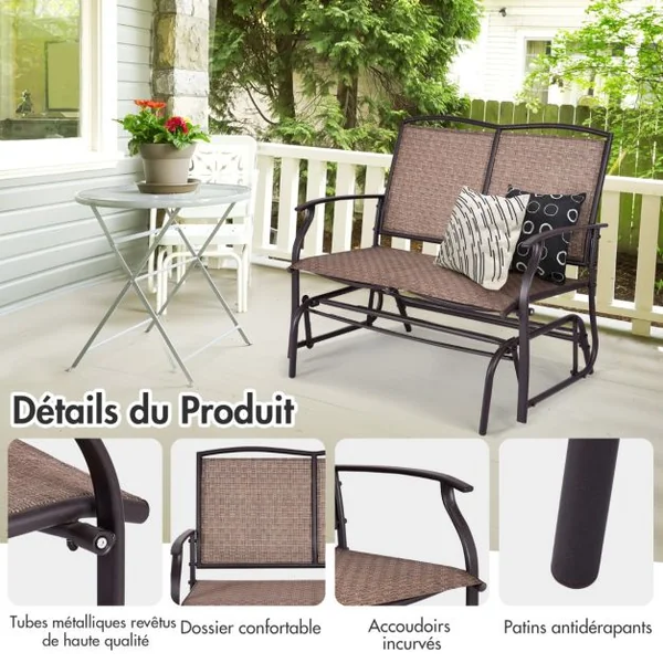 Banc à Bascule de Jardin 2 Places Charge 180kg Chaise/Fauteuil à Bascule d'Extérieur avec Coussinets Antidérapants Marron