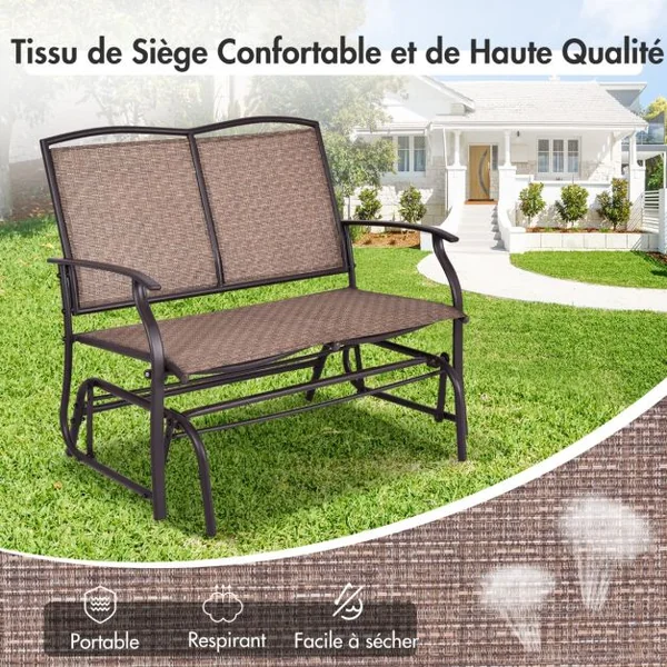Banc à Bascule de Jardin 2 Places Charge 180kg Chaise/Fauteuil à Bascule d'Extérieur avec Coussinets Antidérapants Marron