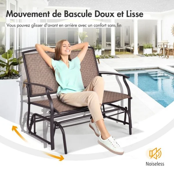Banc à Bascule de Jardin 2 Places Charge 180kg Chaise/Fauteuil à Bascule d'Extérieur avec Coussinets Antidérapants Marron