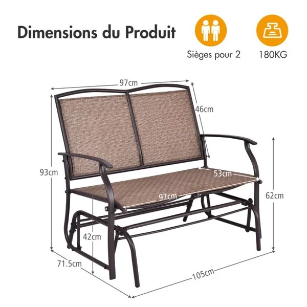 Banc à Bascule de Jardin 2 Places Charge 180kg Chaise/Fauteuil à Bascule d'Extérieur avec Coussinets Antidérapants Marron