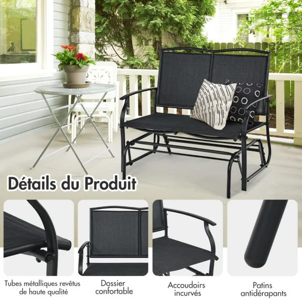 Banc à Bascule de Jardin 2 Places Charge 180kg Chaise/Fauteuil à Bascule d'Extérieur avec Coussinets Antidérapants Noir