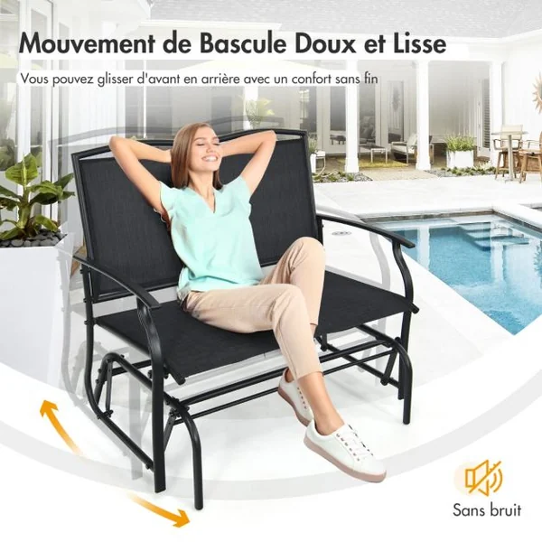 Banc à Bascule de Jardin 2 Places Charge 180kg Chaise/Fauteuil à Bascule d'Extérieur avec Coussinets Antidérapants Noir