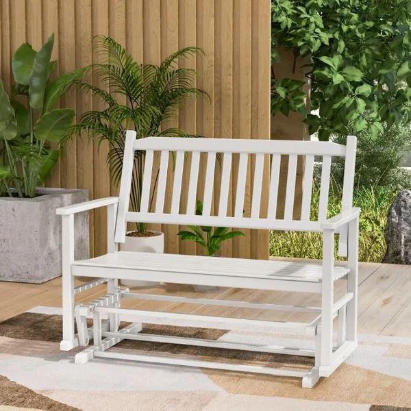 Banc à Bascule de Jardin en Bois 2 Personnes Siège à Lattes Dossier Incliné Larges Accoudoirs Terrasse Piscine Blanc
