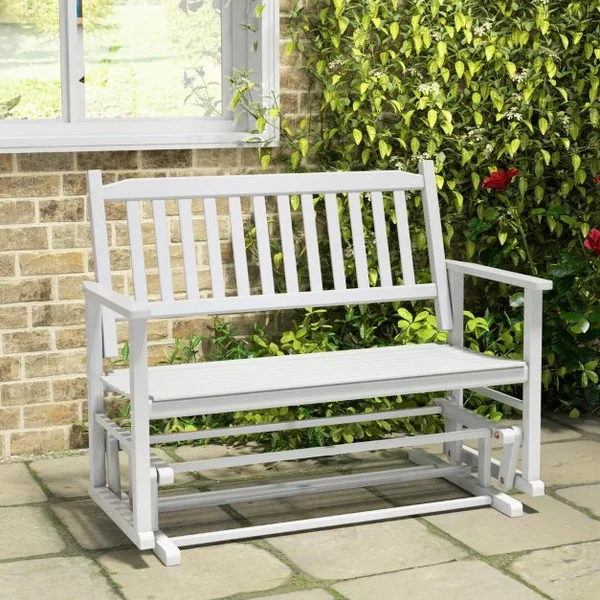 Banc à Bascule de Jardin en Bois 2 Personnes Siège à Lattes Dossier Incliné Larges Accoudoirs Terrasse Piscine Blanc