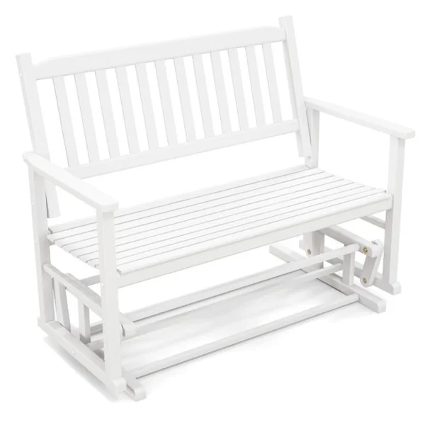 Banc à Bascule de Jardin en Bois 2 Personnes Siège à Lattes Dossier Incliné Larges Accoudoirs Terrasse Piscine Blanc