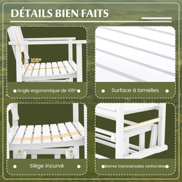 Banc à Bascule de Jardin en Bois 2 Personnes Siège à Lattes Dossier Incliné Larges Accoudoirs Terrasse Piscine Blanc