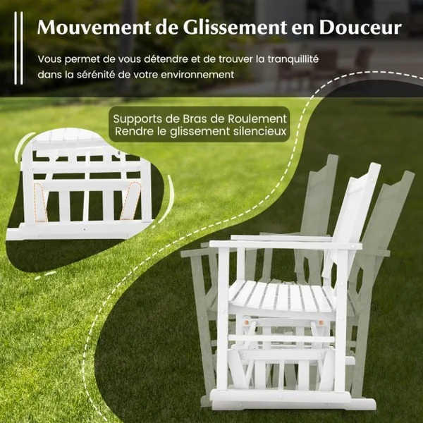Banc à Bascule de Jardin en Bois 2 Personnes Siège à Lattes Dossier Incliné Larges Accoudoirs Terrasse Piscine Blanc