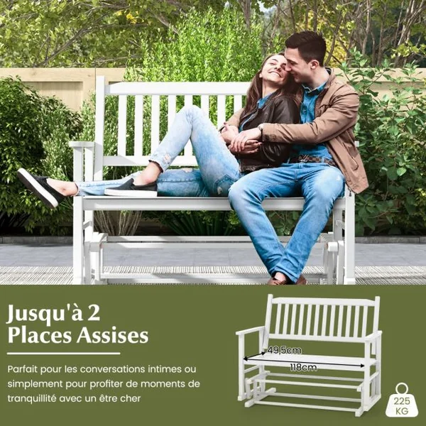 Banc à Bascule de Jardin en Bois 2 Personnes Siège à Lattes Dossier Incliné Larges Accoudoirs Terrasse Piscine Blanc