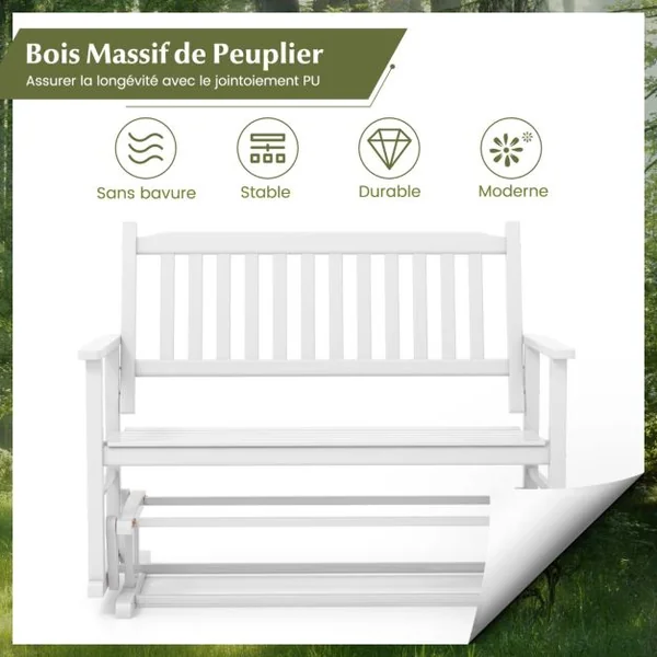 Banc à Bascule de Jardin en Bois 2 Personnes Siège à Lattes Dossier Incliné Larges Accoudoirs Terrasse Piscine Blanc