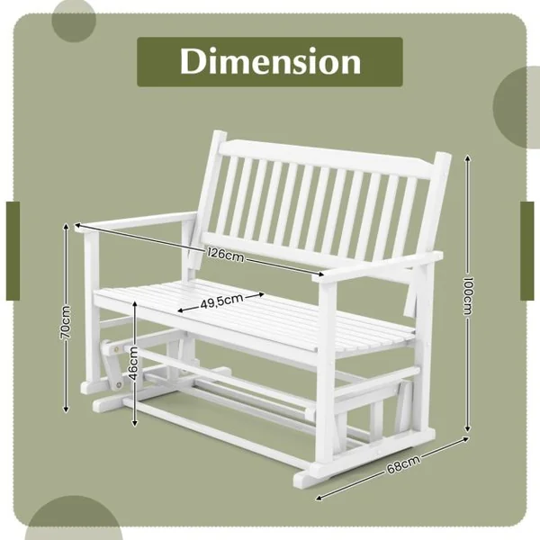 Banc à Bascule de Jardin en Bois 2 Personnes Siège à Lattes Dossier Incliné Larges Accoudoirs Terrasse Piscine Blanc
