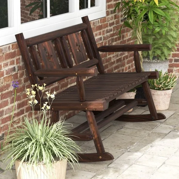 Banc à Bascule de Jardin en Bois Carbonisé 2 Personnes Siège à Lattes Dossier Ergonomique Charge 320KG Terrasse Piscine