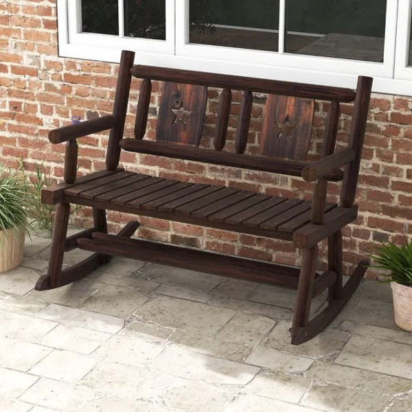 Banc à Bascule de Jardin en Bois Carbonisé 2 Personnes Siège à Lattes Dossier Ergonomique Charge 320KG Terrasse Piscine