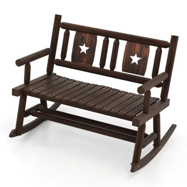 Banc à Bascule de Jardin en Bois Carbonisé 2 Personnes Siège à Lattes Dossier Ergonomique Charge 320KG Terrasse Piscine