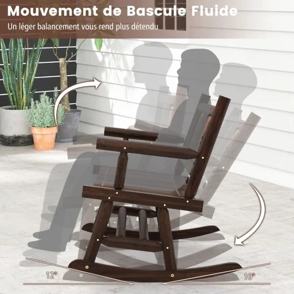Banc à Bascule de Jardin en Bois Carbonisé 2 Personnes Siège à Lattes Dossier Ergonomique Charge 320KG Terrasse Piscine