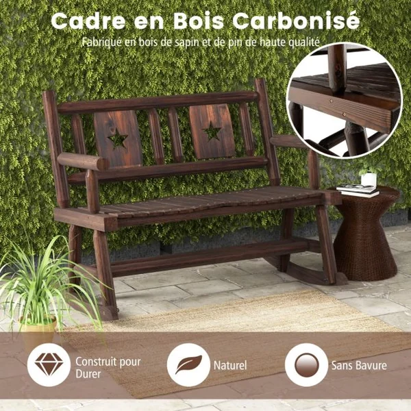 Banc à Bascule de Jardin en Bois Carbonisé 2 Personnes Siège à Lattes Dossier Ergonomique Charge 320KG Terrasse Piscine