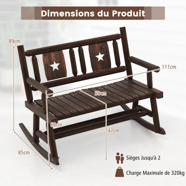 Banc à Bascule de Jardin en Bois Carbonisé 2 Personnes Siège à Lattes Dossier Ergonomique Charge 320KG Terrasse Piscine