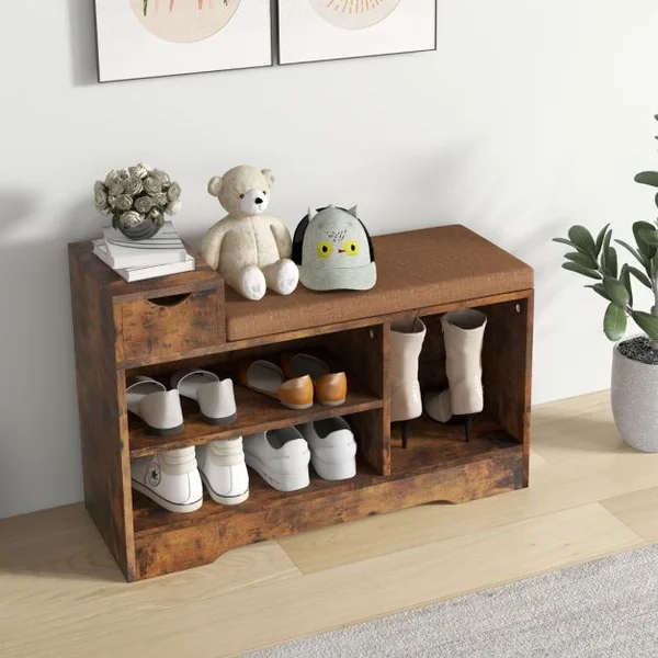 Banc à Chaussures avec Coussin Amovible Banc de Rangement avec 1 Tiroir de et 3 Compartiments Ouverts Armoire à Chaussures Marron Rustique