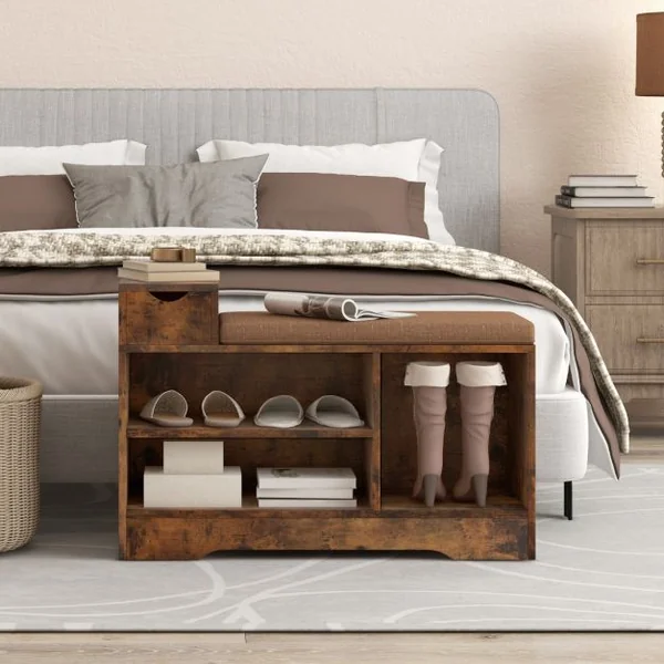 Banc à Chaussures avec Coussin Amovible Banc de Rangement avec 1 Tiroir de et 3 Compartiments Ouverts Armoire à Chaussures Marron Rustique