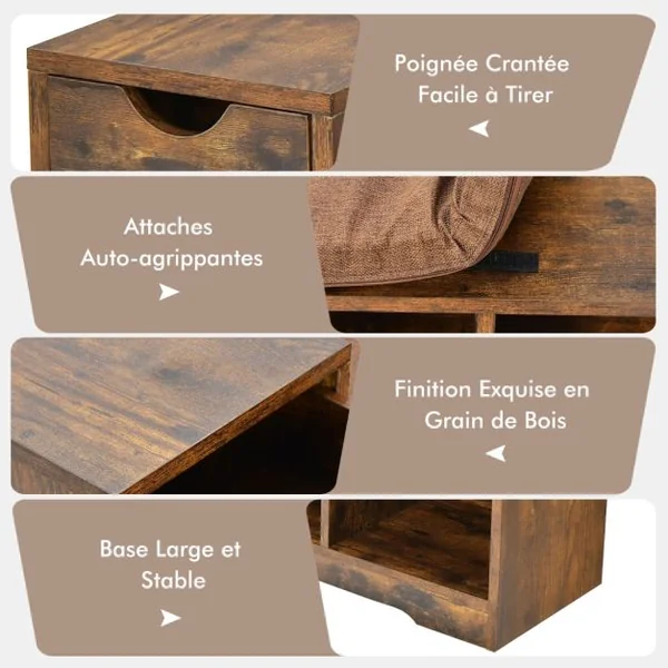 Banc à Chaussures avec Coussin Amovible Banc de Rangement avec 1 Tiroir de et 3 Compartiments Ouverts Armoire à Chaussures Marron Rustique