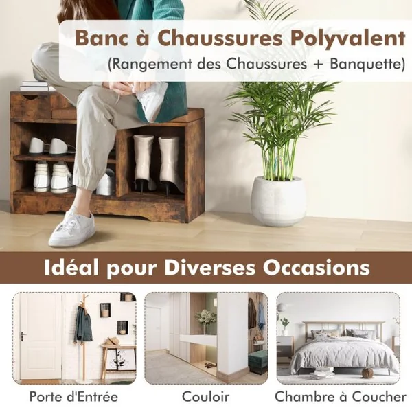 Banc à Chaussures avec Coussin Amovible Banc de Rangement avec 1 Tiroir de et 3 Compartiments Ouverts Armoire à Chaussures Marron Rustique