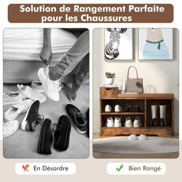 Banc à Chaussures avec Coussin Amovible Banc de Rangement avec 1 Tiroir de et 3 Compartiments Ouverts Armoire à Chaussures Marron Rustique