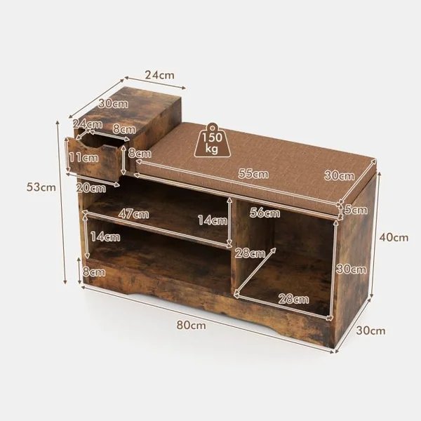Banc à Chaussures avec Coussin Amovible Banc de Rangement avec 1 Tiroir de et 3 Compartiments Ouverts Armoire à Chaussures Marron Rustique