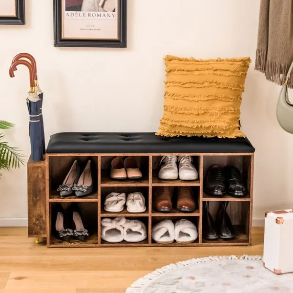 Banc à Chaussures avec Porte-Parapluie - 10 Compartiments, Coussin Rembourré Souple Style Industriel Charge 300 kg