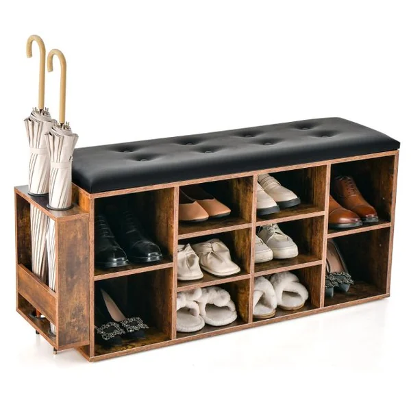 Banc à Chaussures avec Porte-Parapluie - 10 Compartiments, Coussin Rembourré Souple Style Industriel Charge 300 kg