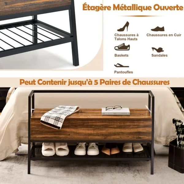 Banc à Chaussures Industriel Organisateur de Rack avec Vérin à Gaz de Qualité Supérieure et Boîte de Rangement Cachée