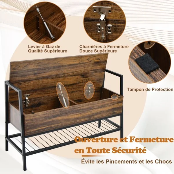 Banc à Chaussures Industriel Organisateur de Rack avec Vérin à Gaz de Qualité Supérieure et Boîte de Rangement Cachée