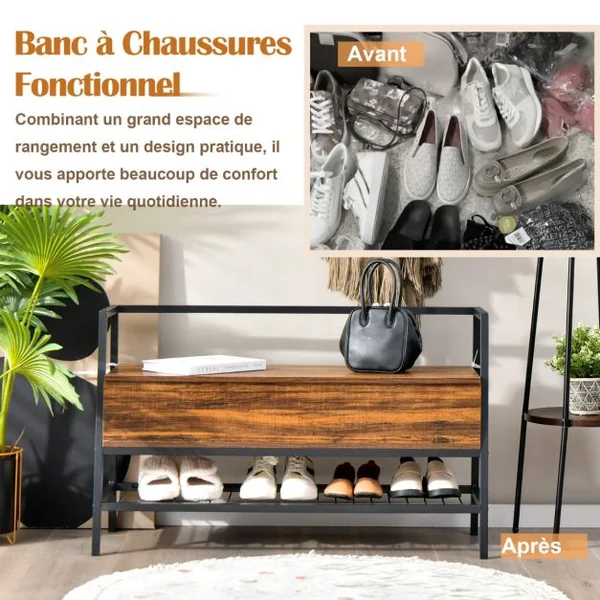 Banc à Chaussures Industriel Organisateur de Rack avec Vérin à Gaz de Qualité Supérieure et Boîte de Rangement Cachée
