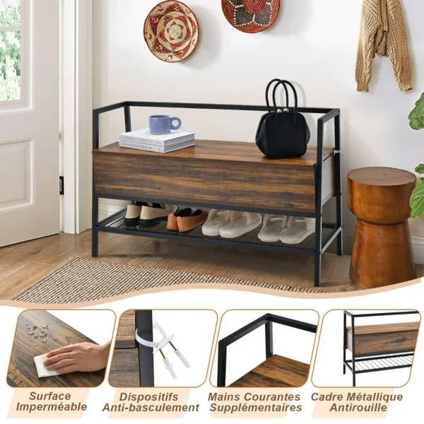 Banc à Chaussures Industriel Organisateur de Rack avec Vérin à Gaz de Qualité Supérieure et Boîte de Rangement Cachée