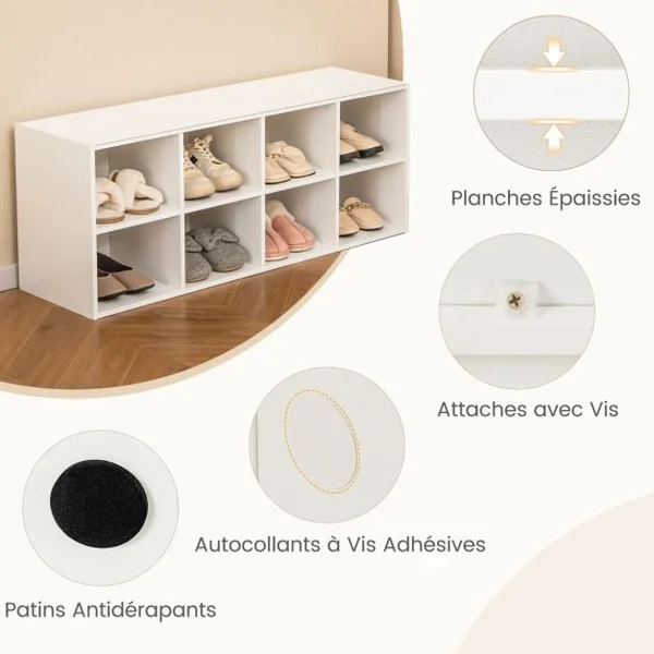 Banc à Chaussures Organisateur de Chaussures à 8 Casiers Capacité de 70 kg Armoire de Rangement avec Etagère à Chaussures Blanc/Gris/Noir