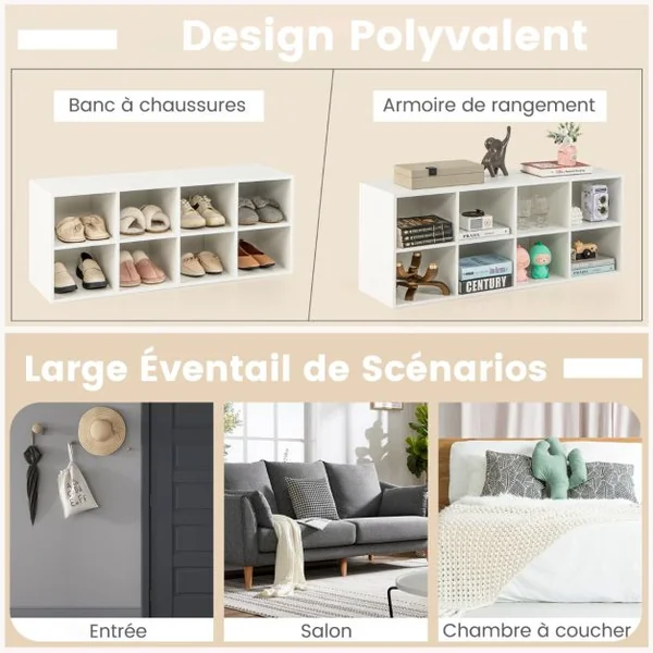 Banc à Chaussures Organisateur de Chaussures à 8 Casiers Capacité de 70 kg Armoire de Rangement avec Etagère à Chaussures Blanc/Gris/Noir