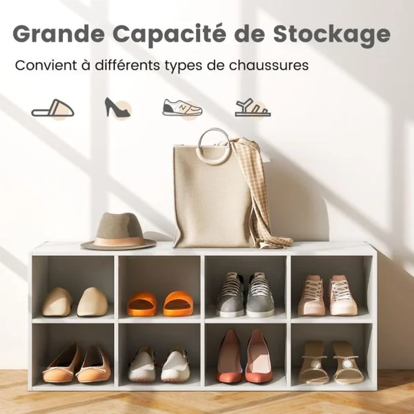 Banc à Chaussures Organisateur de Chaussures à 8 Casiers Capacité de 70 kg Armoire de Rangement avec Etagère à Chaussures Blanc/Gris/Noir