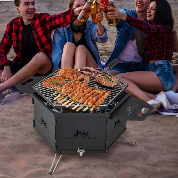 Barbecue de Charbon de Bois Portable avec Grille Rotative à 360° Barbecue Portable avec Poignées Corps et Pieds Pliables, pour Pique-Nique Camping