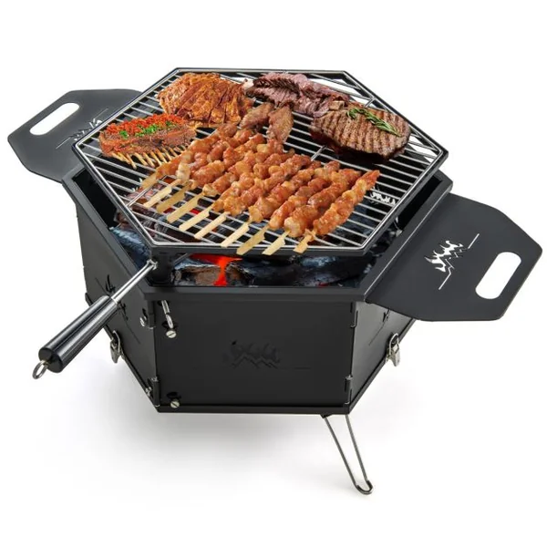 Barbecue de Charbon de Bois Portable avec Grille Rotative à 360° Barbecue Portable avec Poignées Corps et Pieds Pliables, pour Pique-Nique Camping