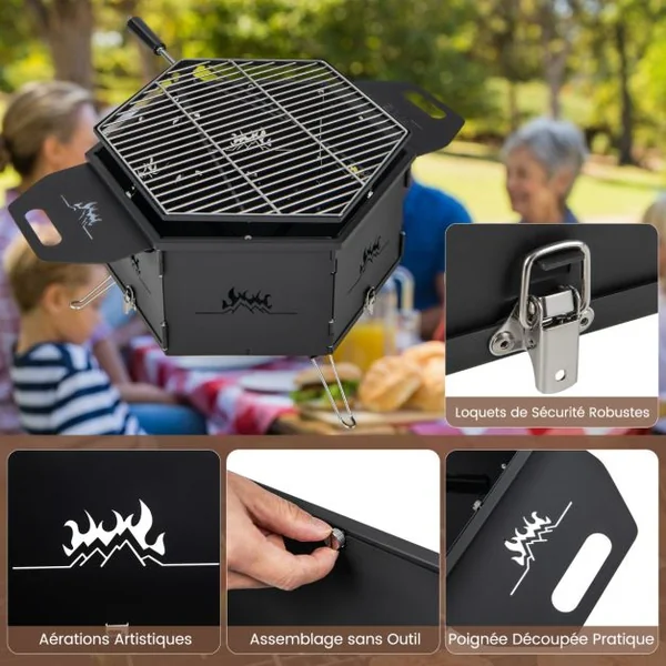 Barbecue de Charbon de Bois Portable avec Grille Rotative à 360° Barbecue Portable avec Poignées Corps et Pieds Pliables, pour Pique-Nique Camping