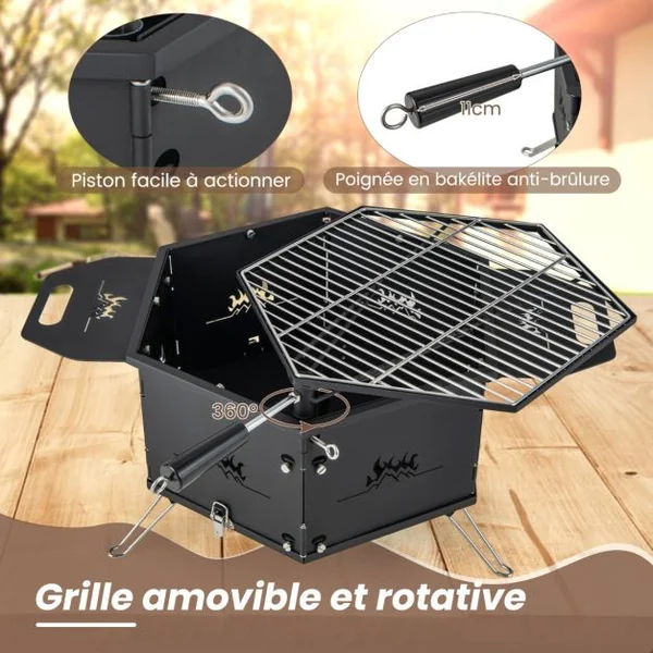 Barbecue de Charbon de Bois Portable avec Grille Rotative à 360° Barbecue Portable avec Poignées Corps et Pieds Pliables, pour Pique-Nique Camping